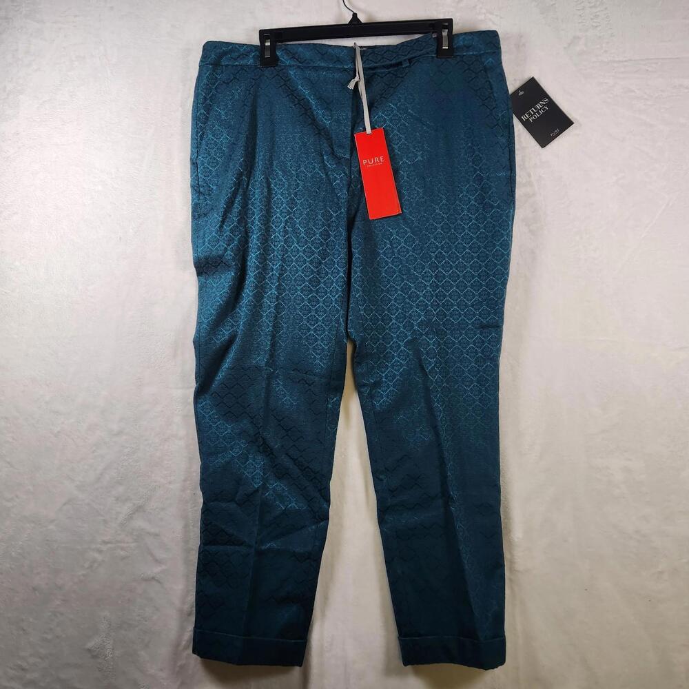 NWT Pure Collection Jacquard Ankle Pants‎ Teal UK18 US14/16 Turn Up Trousers